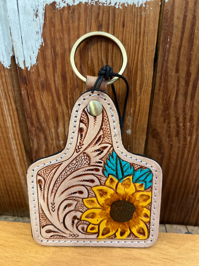 Prairie Flower Hand Tooled Key Fob