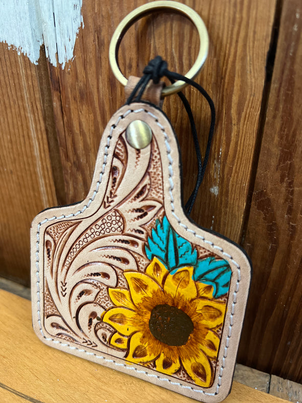 Prairie Flower Hand Tooled Key Fob