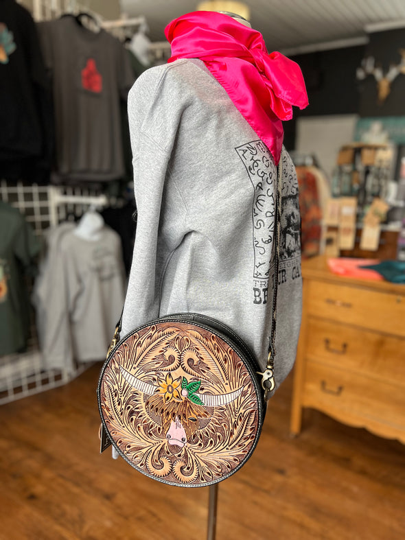 Bloomin' Steer Hand Tooled Leather Round Bag