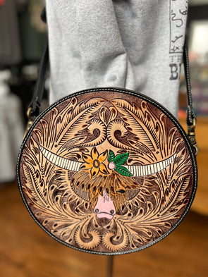 Bloomin' Steer Hand Tooled Leather Round Bag